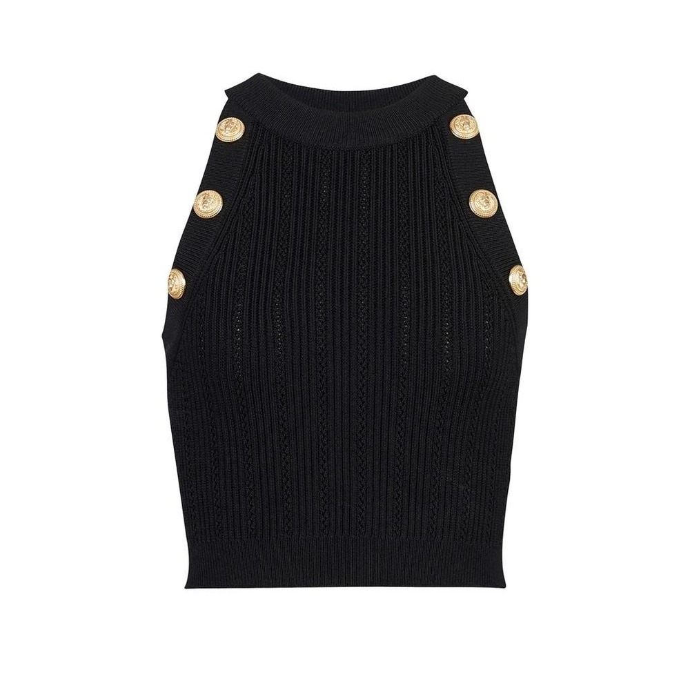 Balmain Paris Black Ribbed Knit Button Crop Top AB022KB39 Made in Italy Size 44